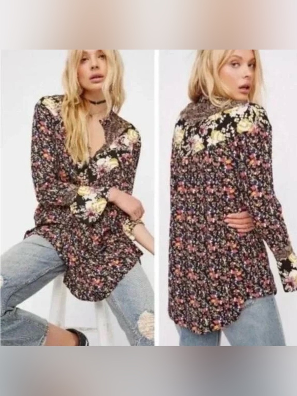 Free People Wildflower Fields Tunic Top Long Sleeve Bohemian Oversized Size L